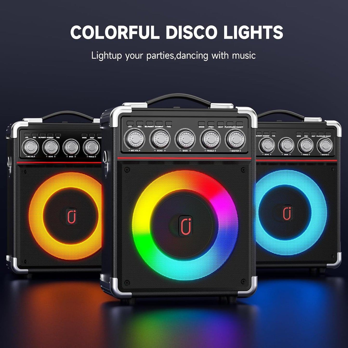 Karaoke Machine with 2 Microphones: HWWR Portable Karaoke Machine for Adults Kids, Party Bluetooth Speaker with Bass/Treble Adjustment, PA System with Remote Control/LED Lights, Support REC/USB/AUX