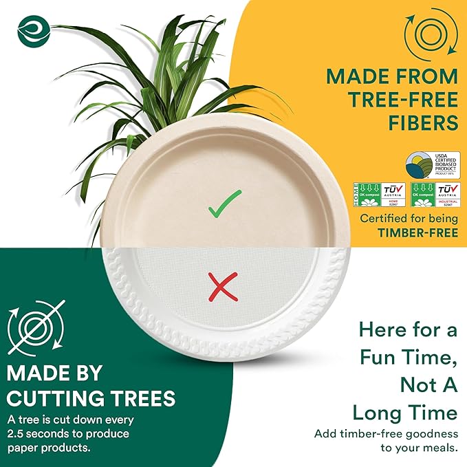 ECO SOUL Compostable 9 Inch(500-Pack) Biodegradable Heavy-Duty Disposable Eco-Friendly Paper Plates for Christmas Dinner & Parties, Wedding, Event
