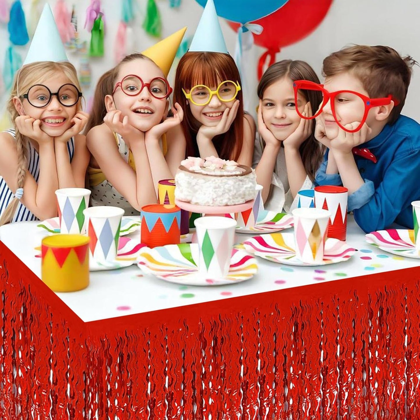 6 Pack 29x108 Inch Red Wave Foil Fringe Table Skirts Metallic Banner for Tinsel Streamer Garland Backdrop for Parade Floats Mother's, Graduate, Mardi Gras, Birthday, Wedding Party Decorations