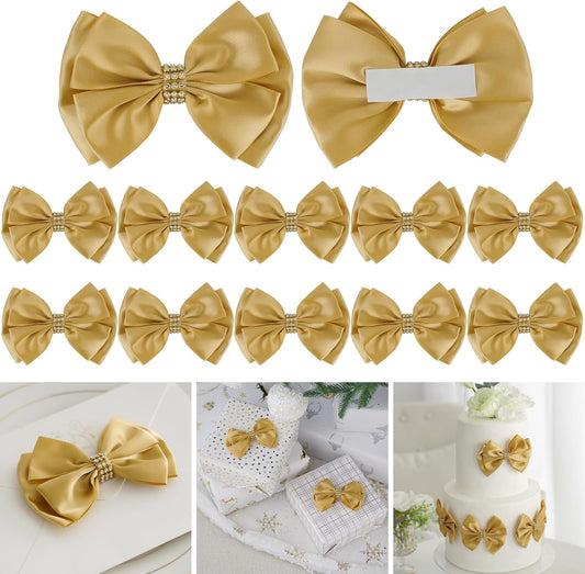 Gold Bows 4'' Premade Satin Ribbon Bow, Gift Bows with Rhinestone, Wrapping Bows for Presents, Greeting Cards, Treat Bags, Wine Bottles, Valentines Bows for Gift Wrapping-12 Counts