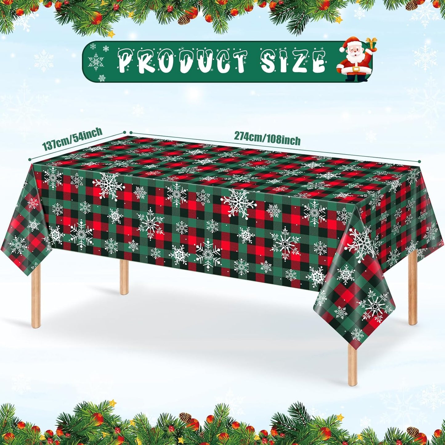 12Pcs Christmas Buffalo Plaid Snowflake Party Tablecloths Decorations,Plastic Red and Green Checkered Rectangle Table Cover for Winter Christmas New Year Birthday Holiday Party Decorations,54x108 inch