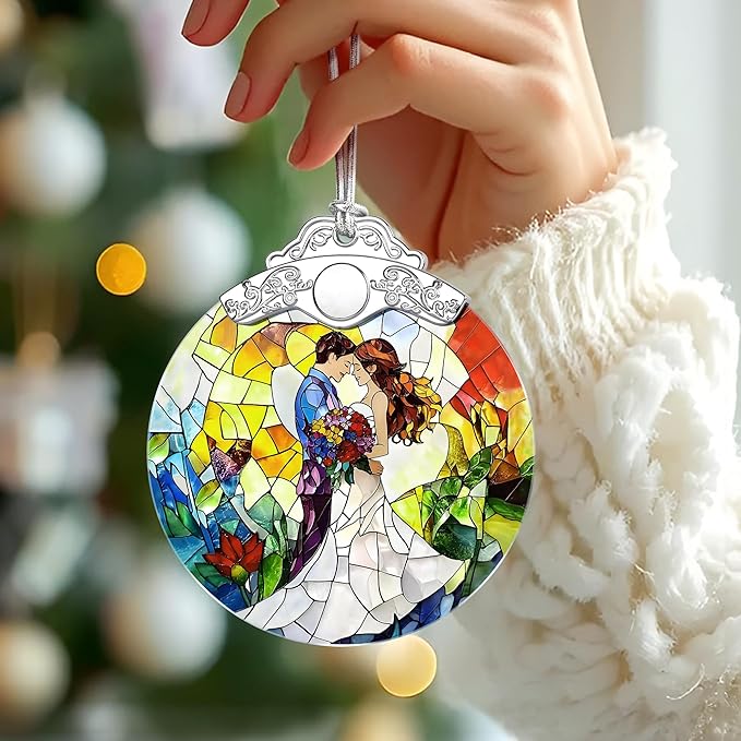 Stained Glass Romantic Couple Wedding Ornament, Christmas Ornaments – Christmas Tree Ornament, Holiday Decor, Xmas Stocking Stuffers, Gift Idea, Gifts for Couple, Newlywed, and Lover