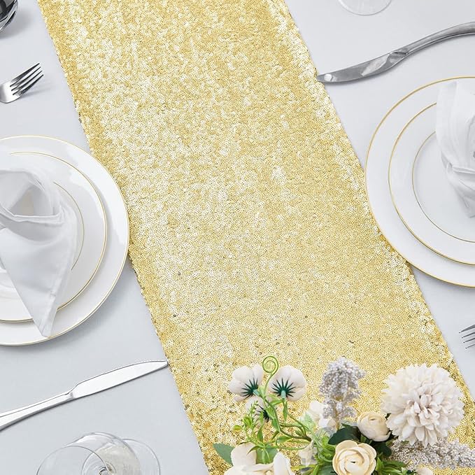 2 Packs 12 x 72 inches Gold Sequin Table Runner, Glitter Runner for Birthday Party Supplies Decorations Wedding Bachelorette Holiday Celebration Bridal Shower Baby Shower