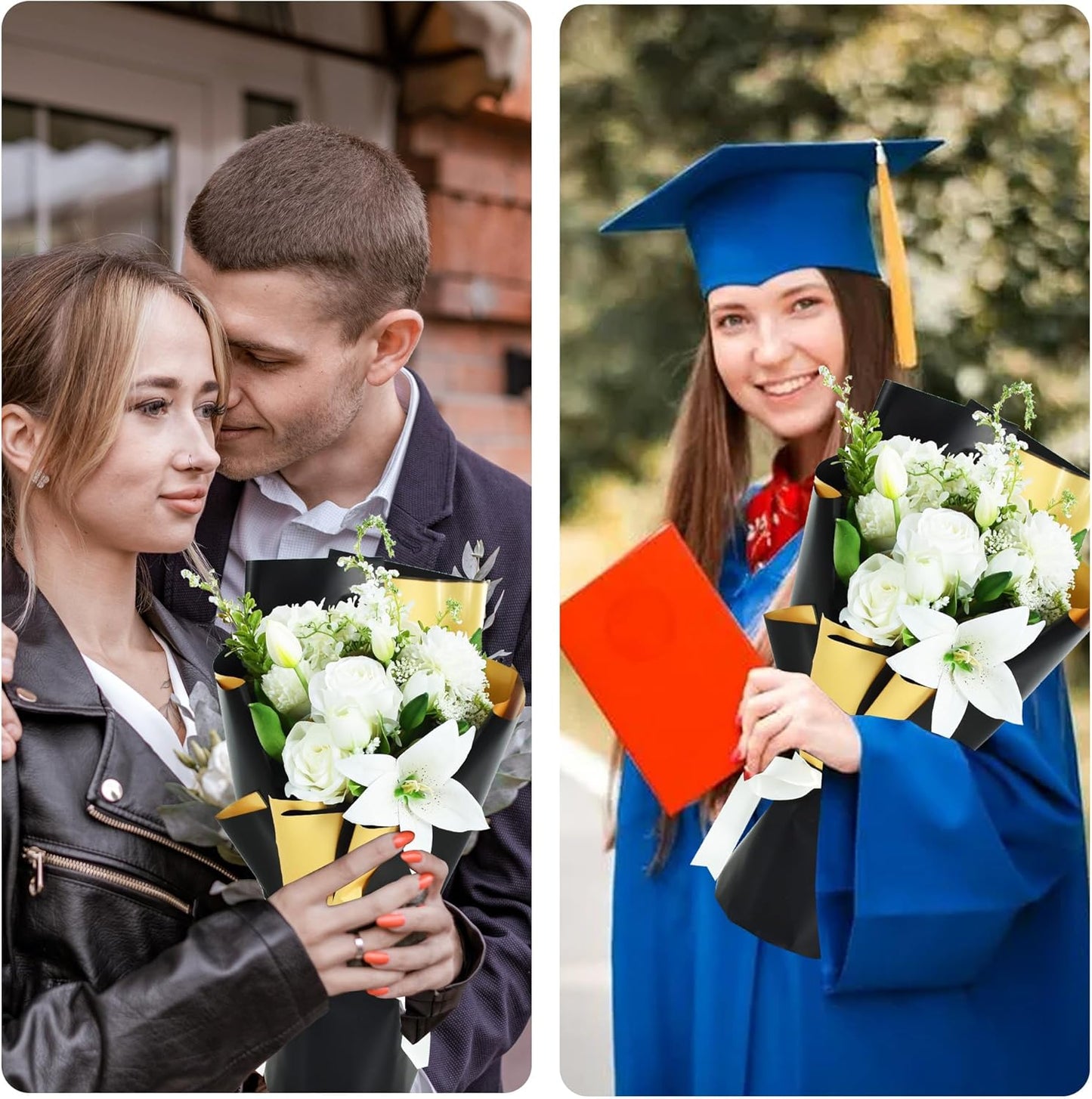 BEISHIDA 20Pcs Black and Gold Double Sided Floral Wrapping Paper Matte Waterproof Flower Bouquet Wrapping Paper for Floral Wrap Florist Packing Supplies Birthday Valentine's Christmas Gift Wrapping