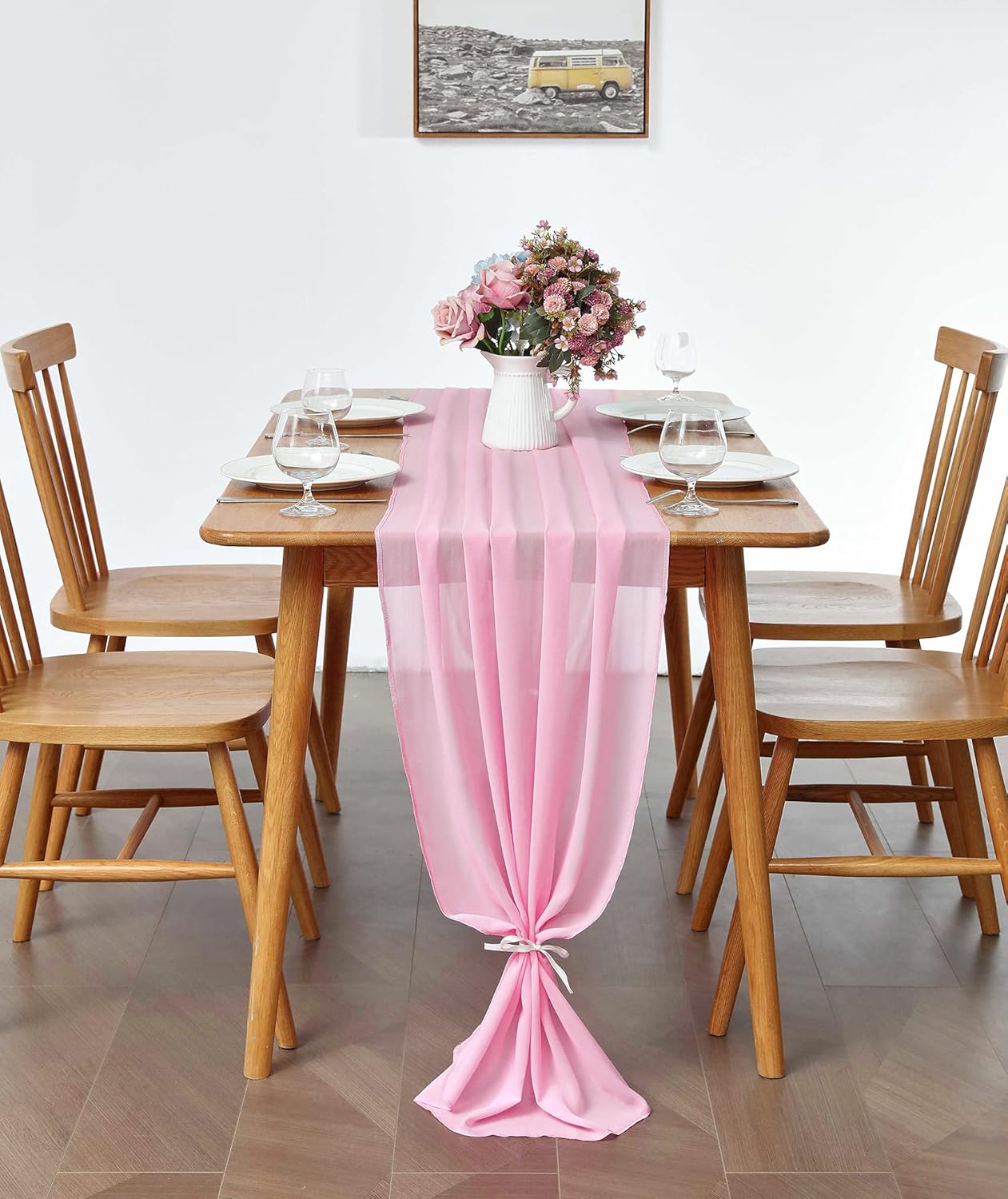 5 Pack 10Ft Pink Chiffon Table Runner Sheer 29x120 Inch for Romantic Wedding Decor Bridal & Baby Shower Birthday Rustic Party Decoration