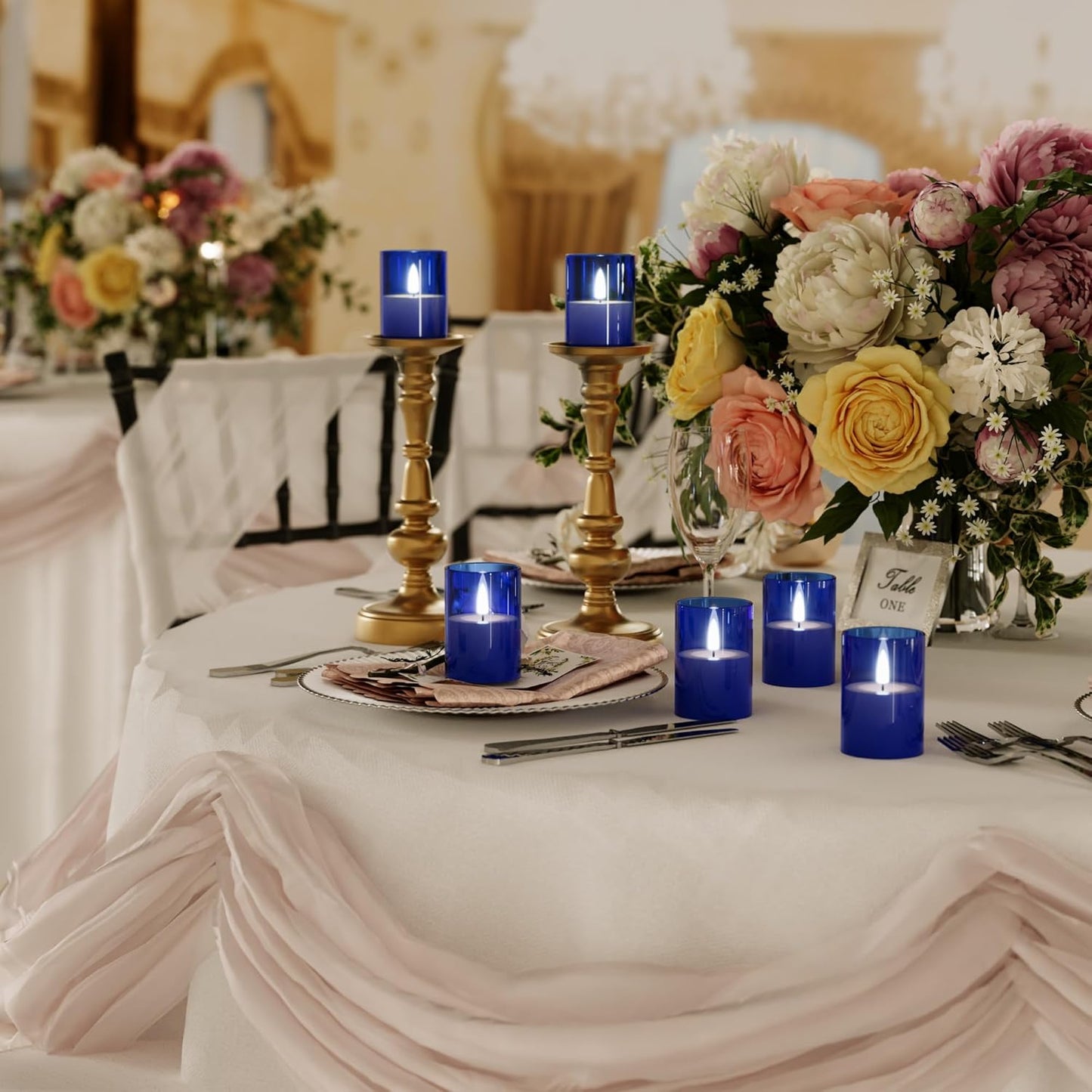 12Pack Flickering Flameless LED Candles with Timer, Battery Powered - Small Pillar & Votive, Acrylic Made, Blue (2"X3")