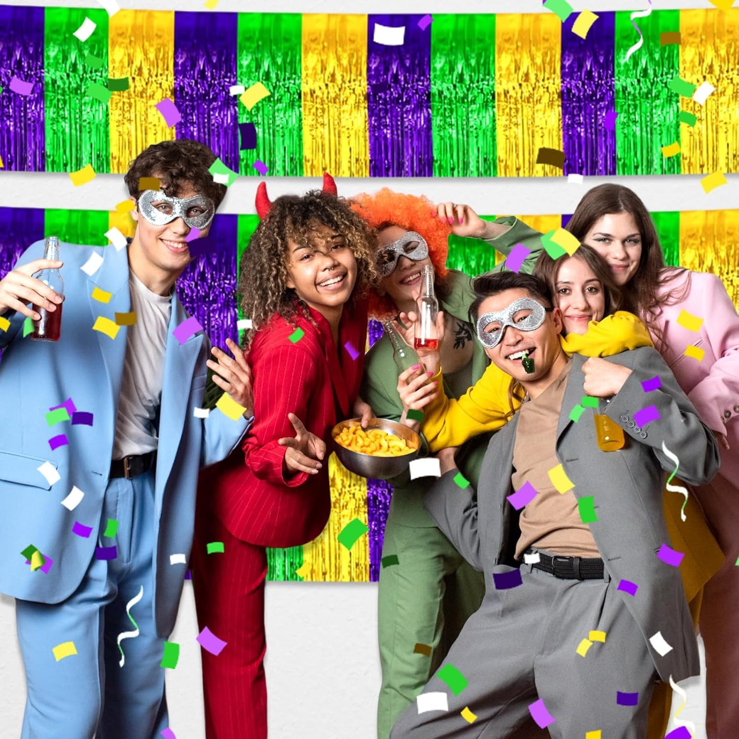 6 Pack 10 Feet Gold Green Purple Foil Fringe Garland Metallic Tinsel Streamers Banner Wall Hanging Curtain Backdrop for Parade Floats, Birthday, Graduate, Mother's Day, Wedding Party Decoration