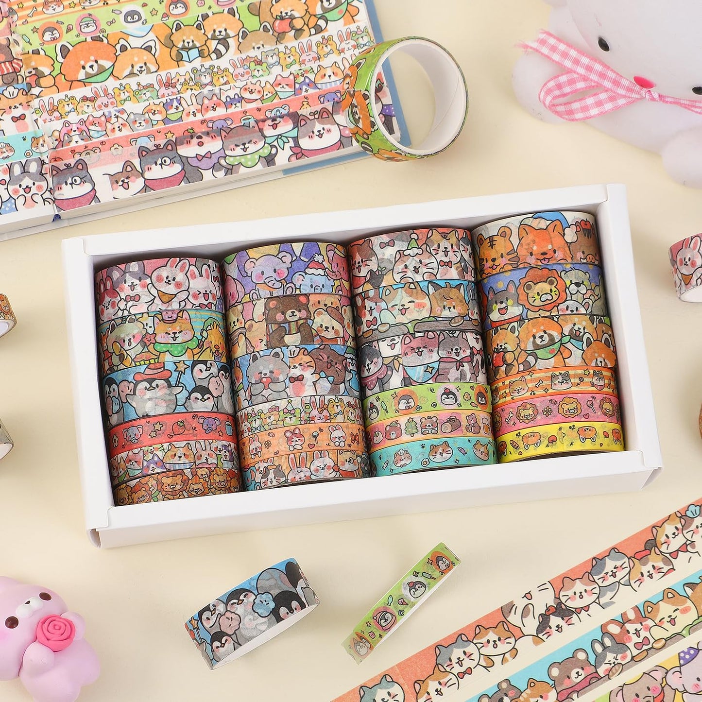 24 Rolls Colorful Cute Cartoon Animal Writable Washi Tape Set, Decorative Tapes for Scrapbooking and Journaling, Junk Journal Supplies, Bullet Journaling for Women Girl 8-15mm Wide 9.84ft Long/Roll
