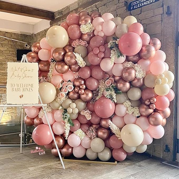 PartyWoo Dusty Pink Balloons 65pcs 12 Inch Blush Rose Pink Metallic Rose Gold Nude Boho White Sand Confetti Balloons for Baby Shower Birthday Gender Reveal Wedding Anniversary Party Decorations