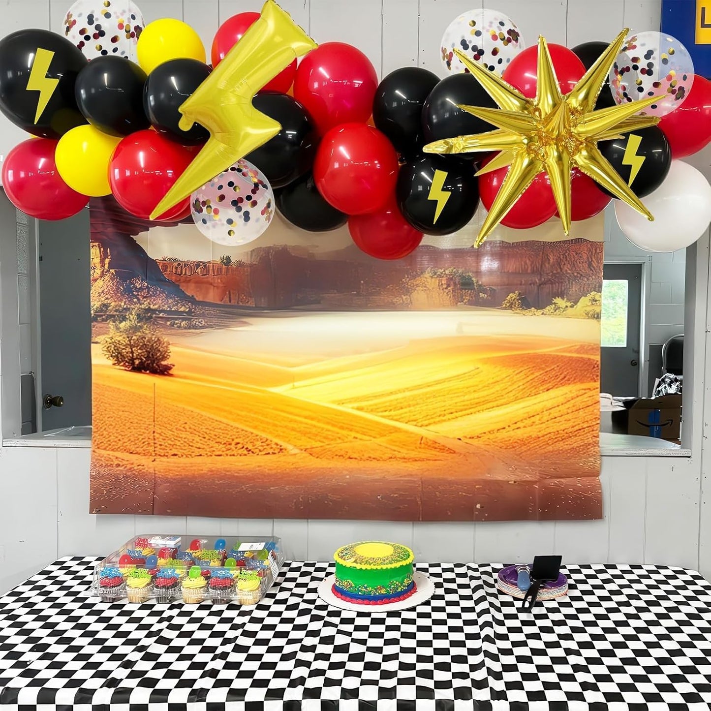 Red Yellow Black Balloons, Cartoon Theme Balloons with 36 Inch Lightning and 22 Inch Star Foil Balloon, Red Black Yellow Confetti Lightning Printed Balloon for Kids Boys Birthday Anime Party Decor