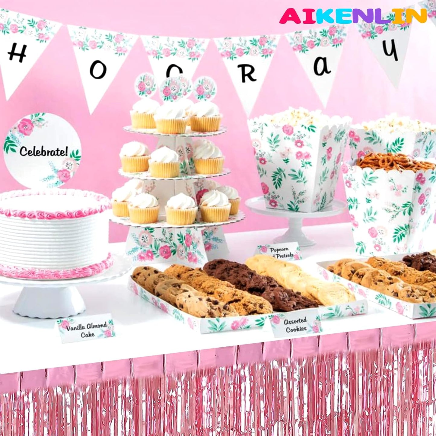 6 Pack 29x108 Inch Metallic Foil Fringe Tinsel Table Skirts Banner for Rectangle Tables Streamer Garland Curtains Backdrop for Wedding, Birthday, Parade Floats, Valentine's Day Party Decoration(Pink)