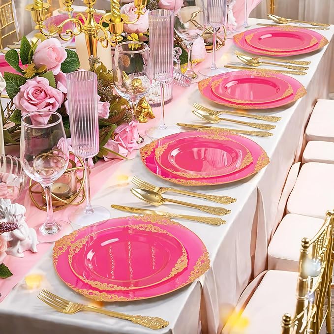 125PCS Hot Pink Plastic Plates - Clear Pink Gold Disposable Plates - Hot Pink Party Plate with Gold Plastic Silverware Set for 25 Guests for Wedding Party Birthday Valentine's Day