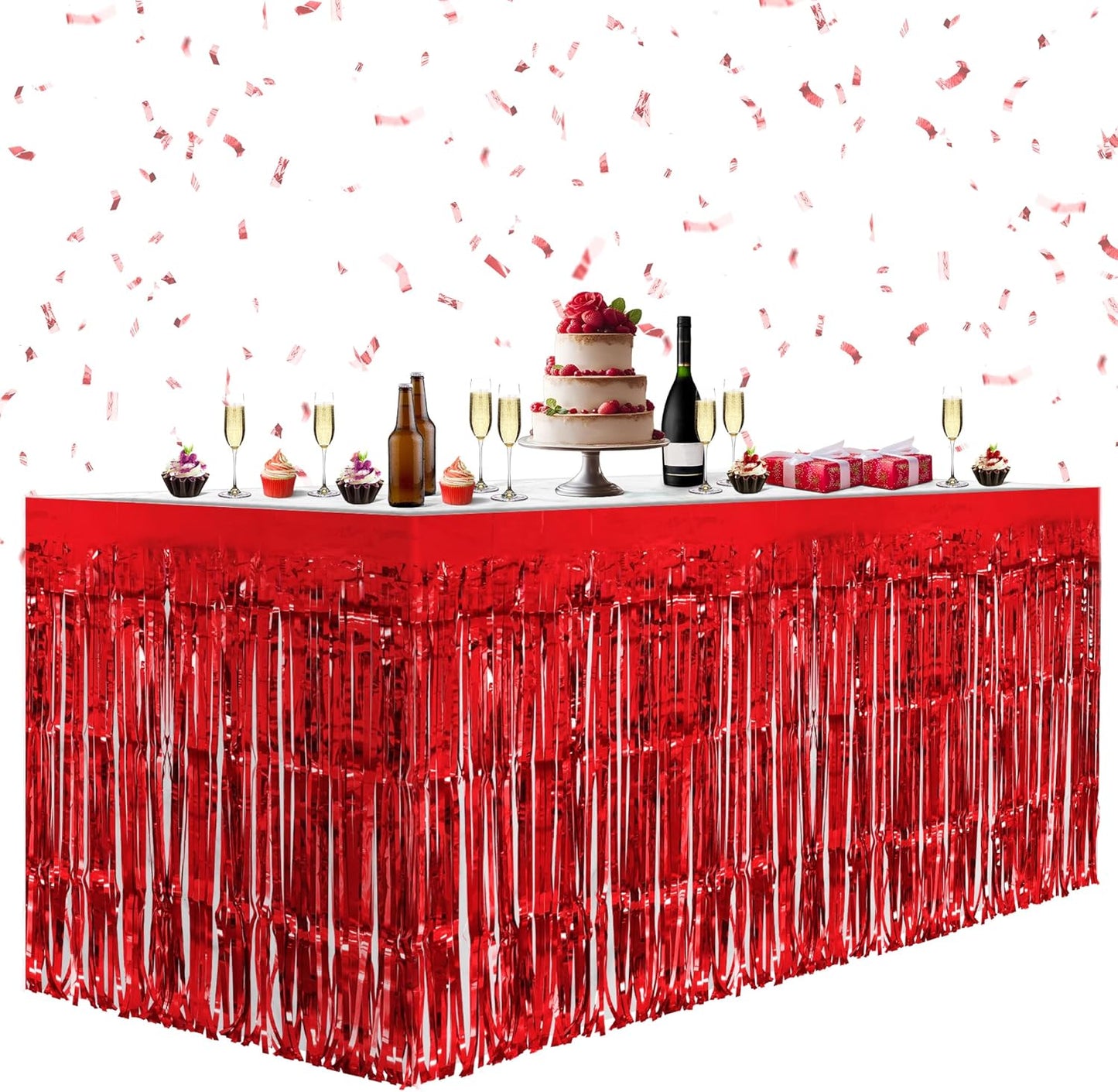 2 Pack Red Table Skirts, 29x108" Metallic Foil Tinsel Fringe Table Skirts for Rectangle Tables Streamer Curtains Backdrop, Party Decorations for Birthdays Weddings Holidays