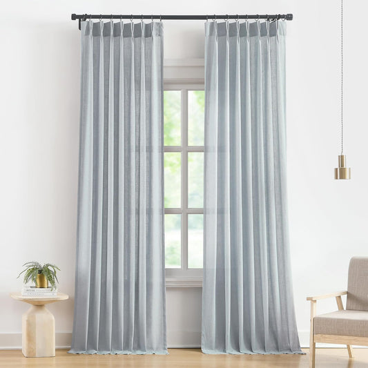 Vision Home Blue Grey Pinch Pleated Semi Sheer Curtains Textured Linen Blended Light Filtering Window Curtains 112 inch for Living Room Bedroom Pinch Pleat Drapes with Hooks 2 Panels 40" Wx112 L