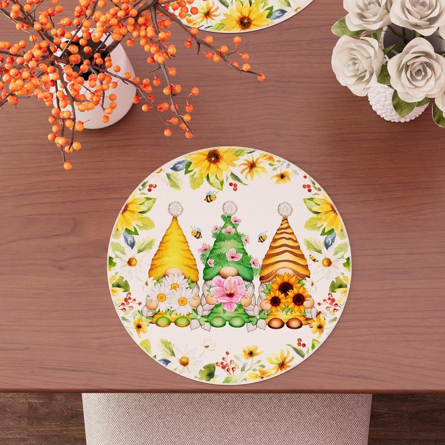 XCHI Daisies Flowers Gnomes Spring Round Placemats Set of 4 Table Mats Summer Seasonal Table Decorations 14x14 Inch