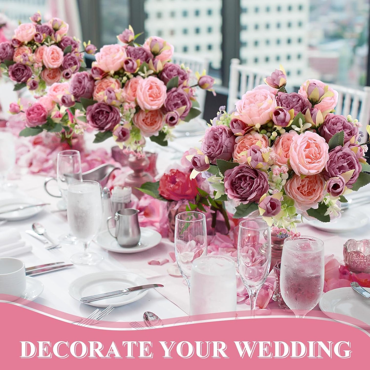 8 Bundles Artificial Peonies Flowers Boho Faux Flowers Arrangements Artificial Centerpiece Spring Bouquet Floral Wedding Decoration for Vase(Pink, Dark Pink)