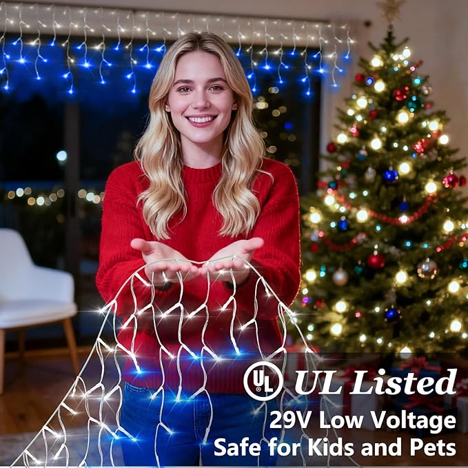 504 LED Fairy lights for Bedroom, 50ft Christmas Window Lights with 112 Drops 12 Modes, Dimmable Curtain Lights, String Lights Indoor Outdoor for Holiday Wedding Party Home Decorations, Blue & White