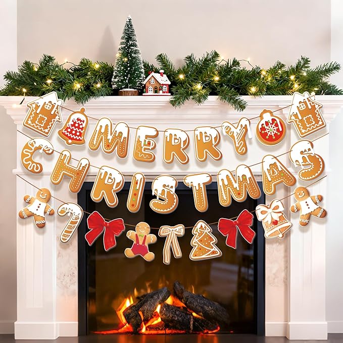 Merry Christmas Banner Gingerbread Christmas Hanging Decoration 3PCS Gingerbread Theme Garland Banner for Holiday Home Office Fireplace Wall Decor Outdoor Indoor Xmas Party Banner