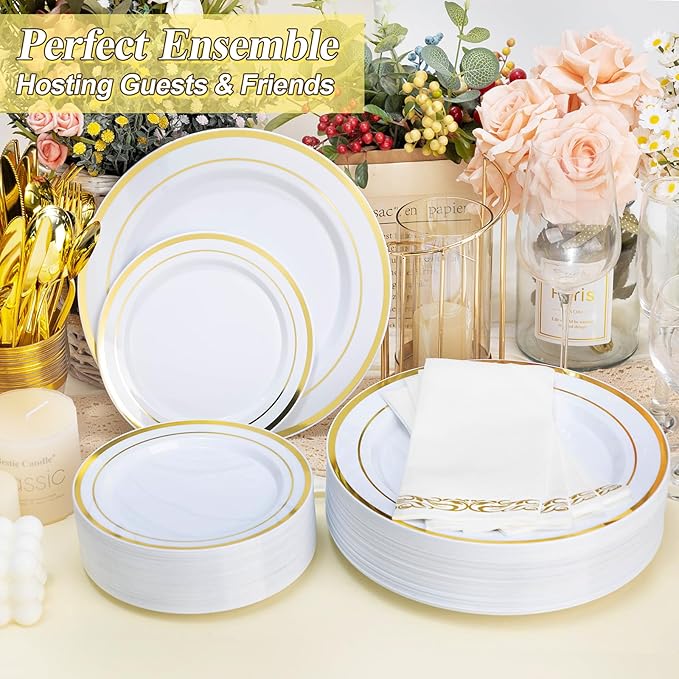 BESTSTAR 200PCS Gold Plastic Plates Set, 100 10.25 inch Dinner Plate and 100 7.5 inch Dessert Plates, Premium Disposable Plates for Party, Wedding