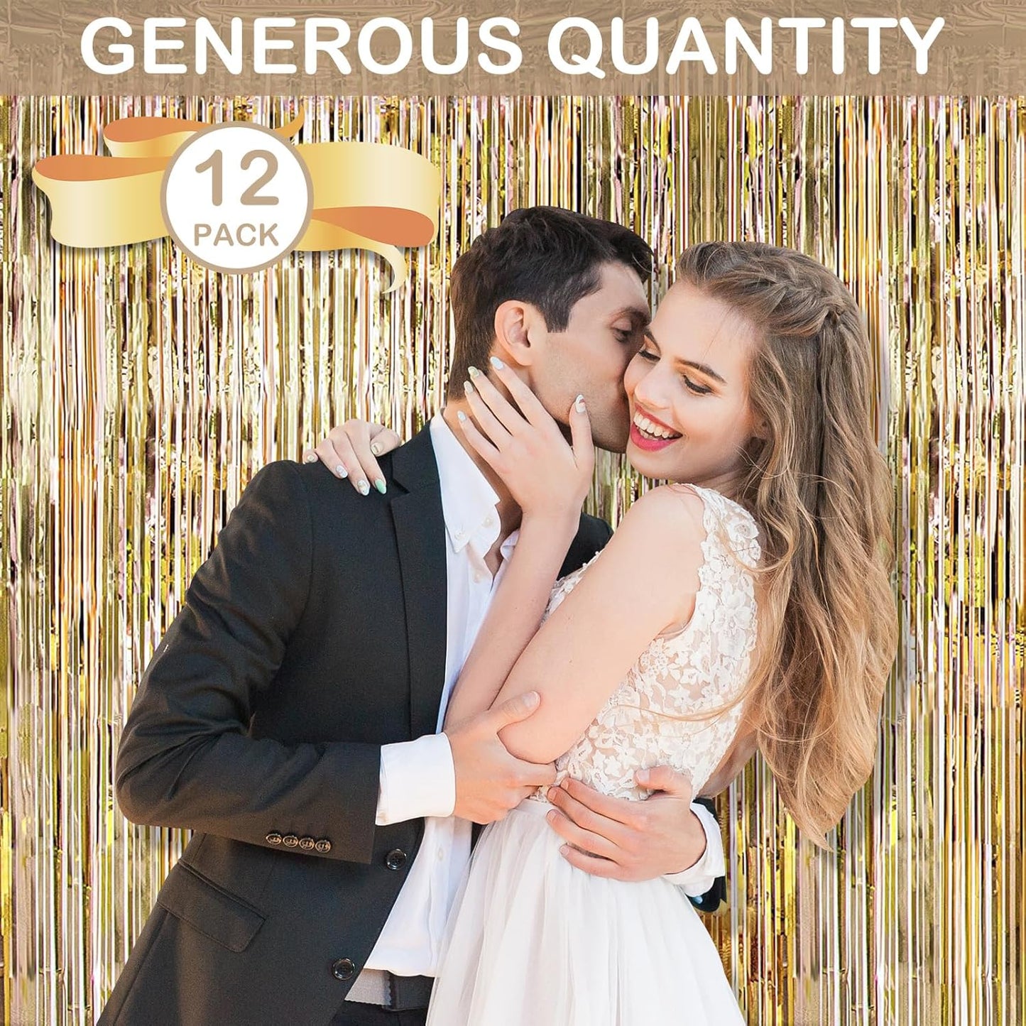 Champagne Gold Fringe Curtain Party Streamers, 12 Pack 3.3ft x 8.2ft Foil Curtain Backdrop Tinsel Foil Fringe Curtains Photo Booth Backdrop Streamer for Birthday, Wedding, Baby Shower, Disco Party