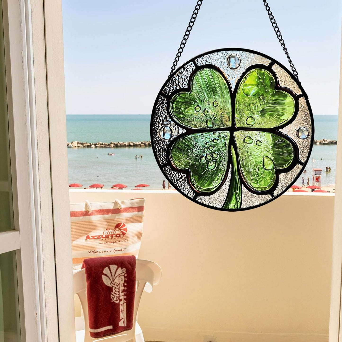 Stained Glass Window Hanging, Green Silver 4 Leaf Clover Sun Catcher for Window Door Home Decor Plant Suncatcher Christmas Mother's Day Birthday Gifts for Women Men Mom Nana 7.8 in