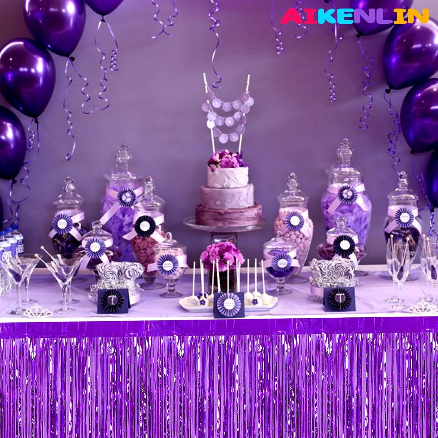 6 Pack 29x108 Inch Metallic Foil Fringe Tinsel Table Skirts Banner for Rectangle Tables Streamer Garland Curtains Backdrop for Wedding, Birthday, Parade Floats, Halloween Party Decoration(Purple)