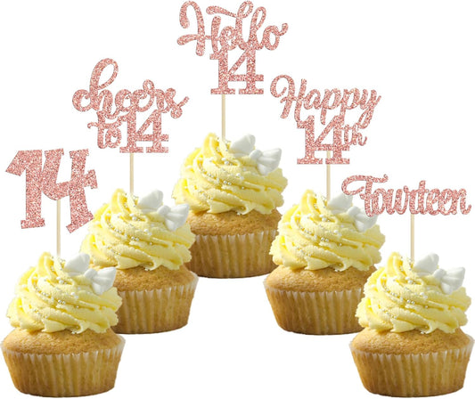 30Pcs 14th Birthday Cupcake Toppers Hello 14 Cupcake Picks Fourteen Cheers to 14 Years Old Cake Decorations for 14th Birthday Anniversary Party Supplies Rose Gold Glitter