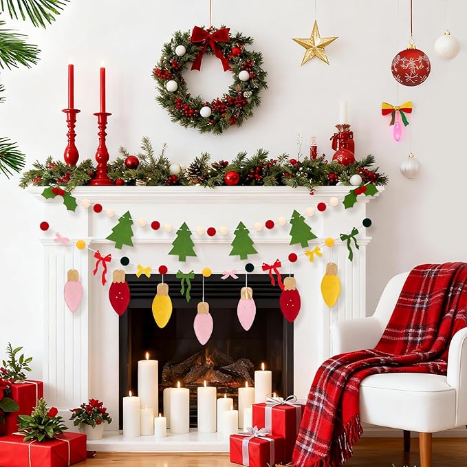 SUNBEAUTY Felt Christmas Garland, Pom Pom Garland Hanging Felt Balls Christmas Decorations,Red Green Christmas Ornaments Banner for Xmas Holiday Decorations,Indoor Outdoor Decor Home Party Supplies
