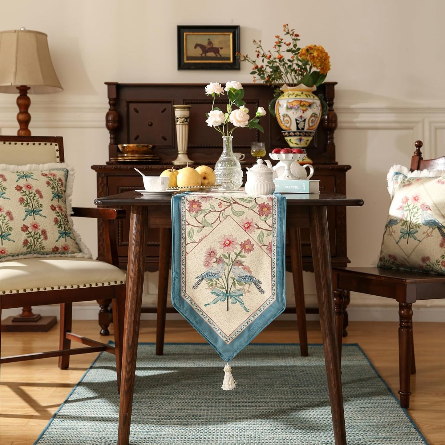 patdrea Designer French Elegant Wild Flowers Velvet Table Runner 118 Inch Long, Beige Pink Floral Table Mat, Decoration for Kitchen Dining Coffee Table Cabinet Banquet Thanksgiving,16"*118"