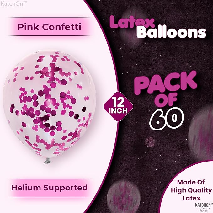 KatchOn Hot Pink Confetti Balloons Set - 12 Inch, Pack of 60 | Balloons With Confetti Inside | Birthday Decorations for Women | Galentines and Valentines Day