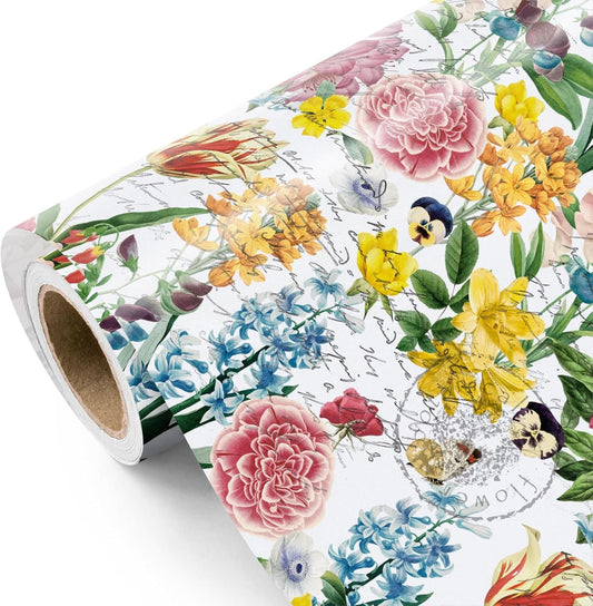 WRAPAHOLIC Floral Wrapping Paper Roll - Mini Roll - 17 Inch x 9.8 Feet - Garden Flower Wrapping Paper, Perfect for Girls Women Birthday, Wedding, Bridal Shower