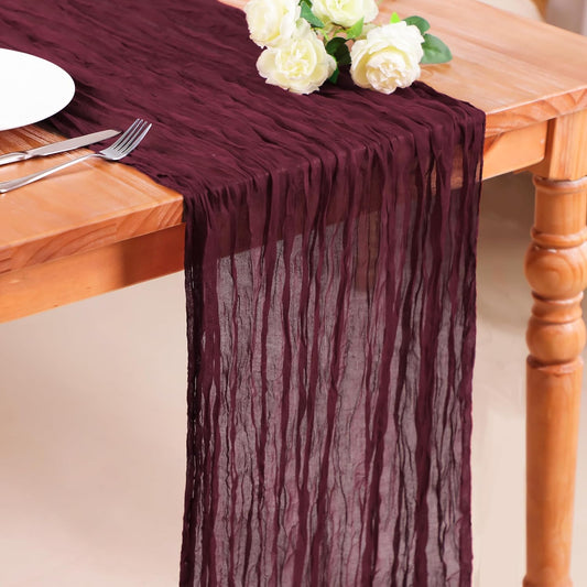 Snowkingdom 10 Ft Burgundy Red Fall Thanksgiving Cheesecloth Table Runner, Cheese Cloth Boho Rustic Gauze Runner for Wedding Bridal Baby Shower Birthday Christmas Sheer Home Table Decorations