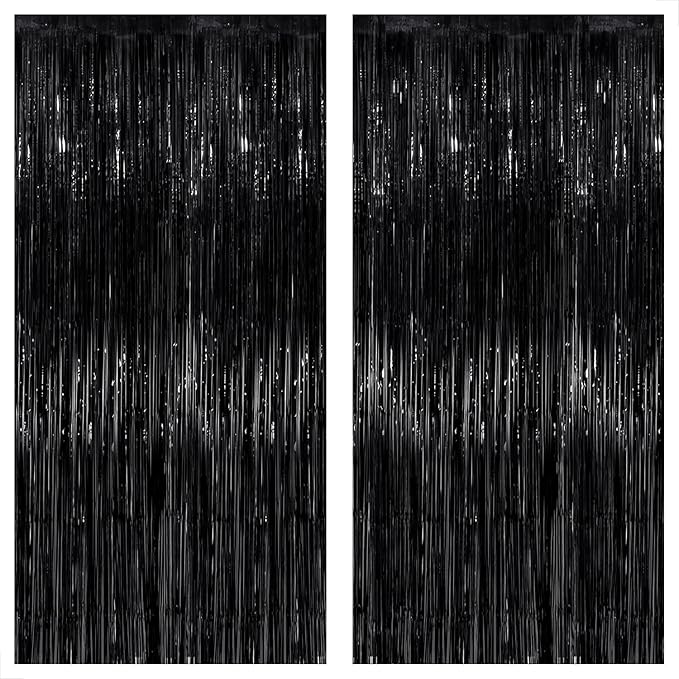 KatchOn XtraLarge Black Streamers - 3.2x8 Feet, Pack of 2 | Fringe Backdrop for Black Party Decorations | Tinsel Backdrop for Birthday, Bachelorette, Anniversary | Black streamers party decorations