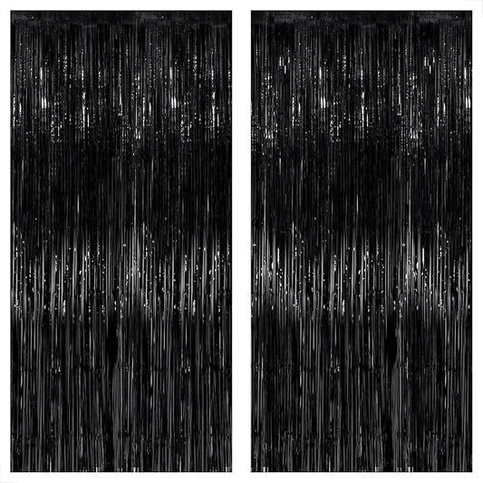 KatchOn XtraLarge Black Streamers - 3.2x8 Feet, Pack of 2 | Fringe Backdrop for Black Party Decorations | Tinsel Backdrop for Birthday, Bachelorette, Anniversary | Black streamers party decorations