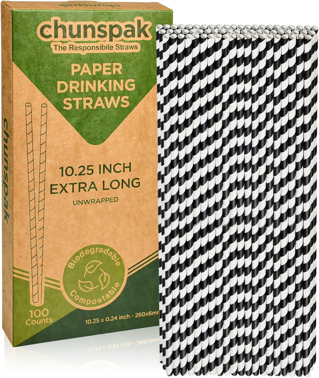 10.25" Long Disposable Paper Drinking Straws, 0.24" Diameter - Black/White Striped, Pack of 100