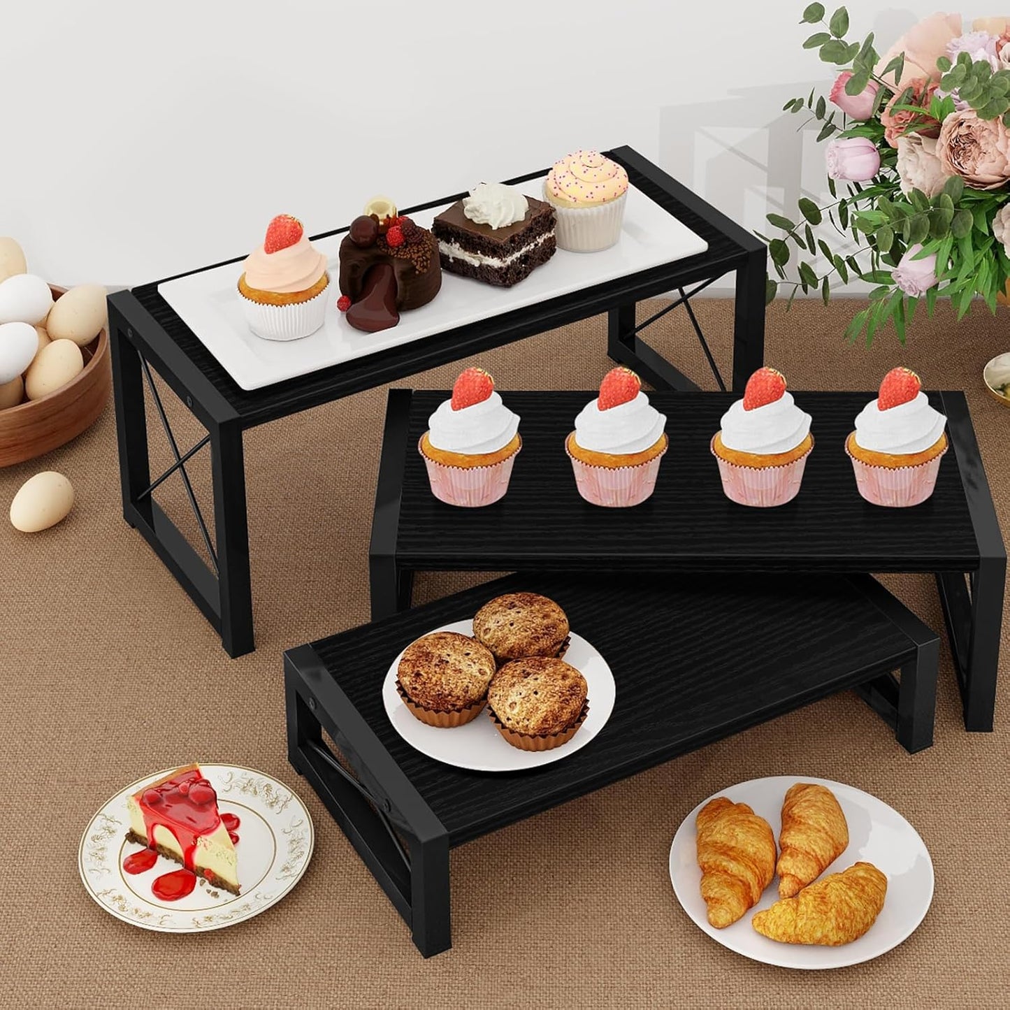 ELITEROO Black 3-Tier Wooden Cupcake and Dessert Display Stand, Multi-Tier Riser for Cupcakes, Food, Perfume, Makeup, Dolls, Collectibles, and Market Vendor Retail Shelf Organizer