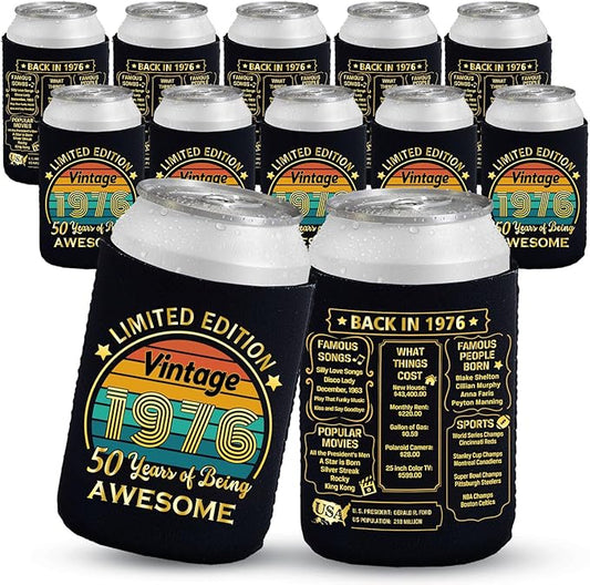 50th Birthday Can Cooler Sleeves Pack of 12-50th Anniversary Decorations- 1975 Sign - 50th Birthday Party Supplies - Black and Gold Fiftieth Birthday Cup Coolers