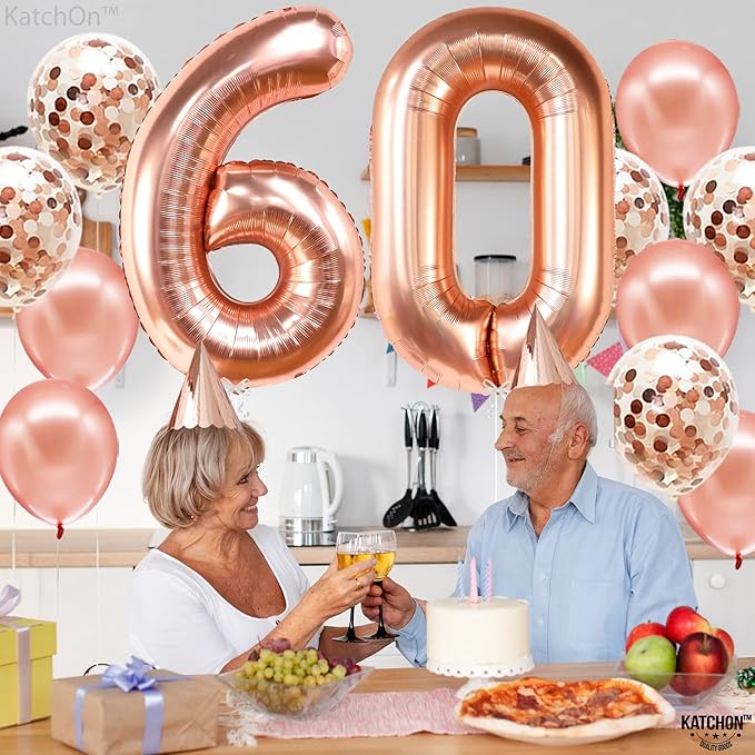 KatchOn, Big Rose Gold Number 60 Balloon - 40 Inch | Mylar Foil 60 Balloon Numbers For Happy Birthday Decorations | Number Balloons With Confetti For Anniversary Decorations | Birthday Party Supplies