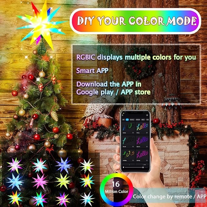 Christmas Tree Topper Star, Smart LED Lighted Christmas Treetop Decorations with Remote, Bluetooth App Control-Music Sync Color Changing, Hanging Star Decor for Indoor/Outdoor-16 Inches