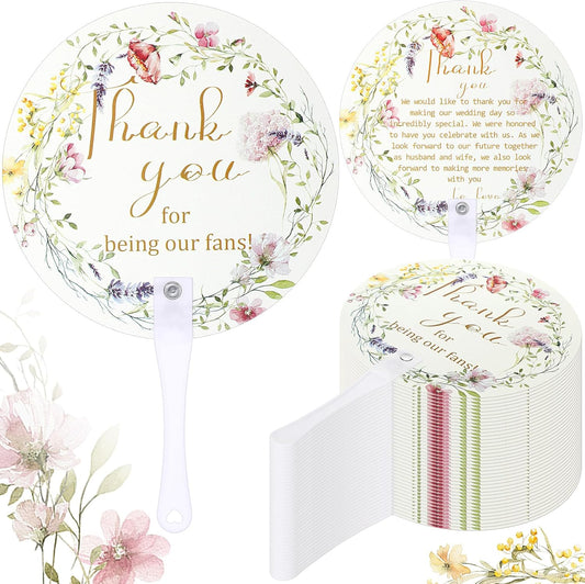 Roowest 100 Pcs Wedding Fans for Guests Bulk Plastic Floral Handheld Wedding Fans with Handle Thank You for Being Our Fan for Ceremony Bridal Baby Shower Party Favors Decoration(Elegant Style)