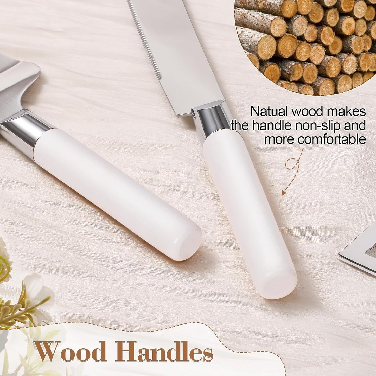 Cake Cutting Set for Wedding, Wood Cake Knife and Server Set, Vintage 2-Piece Pie Cake Cutter, White Pizza Dessert Utensils Bridal Anniversary Birthday Quinceañera Gift (White)