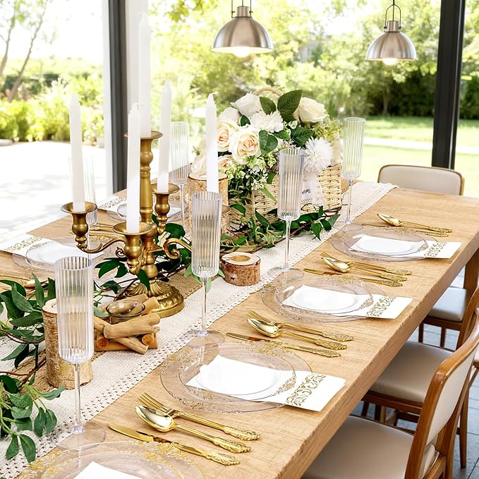 125PCS Clear Plastic Plates - Fancy Clear Gold Disposable Plates Include 25 Dinner Plates, 25 Dessert Plates, 75 Gold Plastic Silverware for 25 Guests for Wedding & Party