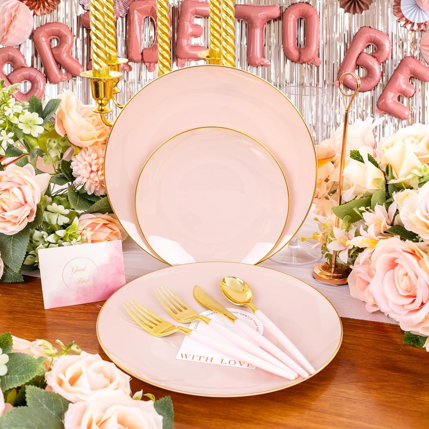 Liacere 150PCS Plastic Plates-Gold Plastic Silverware with Pink Handle - Pink Disposable Plates Include 30 Guests Plates, Forks, Spoons, Knives for Wedding ＆ Easter Day ＆Mother's Day
