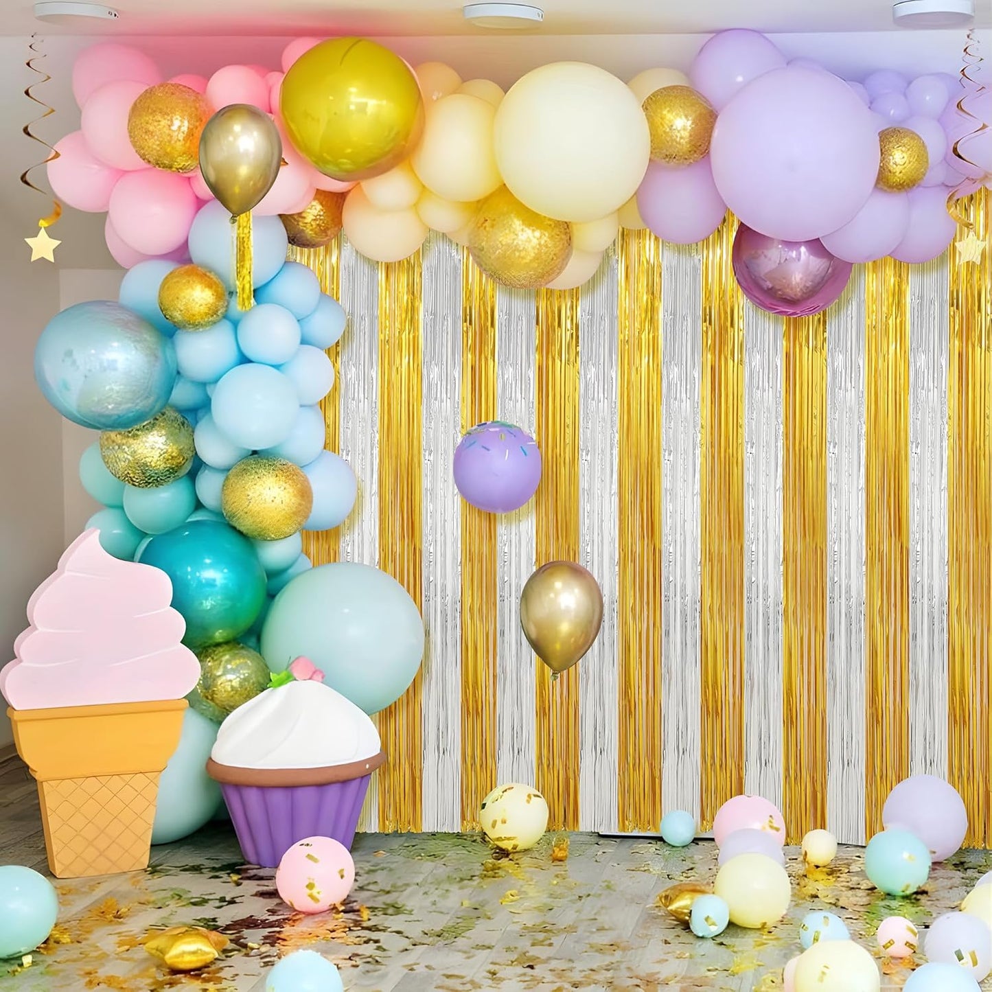 Crosize 2 Pack Foil Fringe Curtains Party Decorations, Gold Tinsel Curtain Backdrop for Parties, Door Streamers, Glitter Streamer Fringe Backdrop for Birthday Decoration (Gold and Silver, 2 Pack)