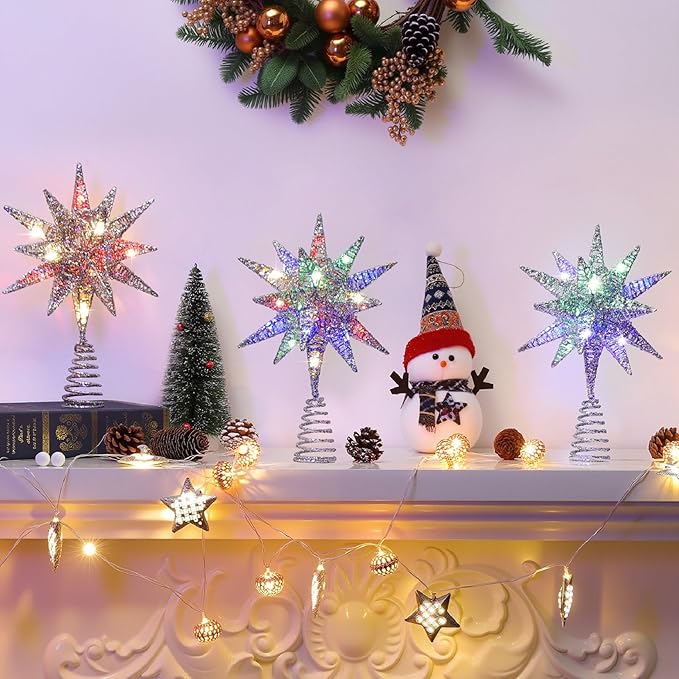 Lewondr Christmas Tree Topper, Plug in 3D Starburst Xmas Lighted Star Tree Topper, Remote Control & Timer Light Up Vintage Moravian Tree Topper for Christmas Decoraiton, Colorful Light, Silver
