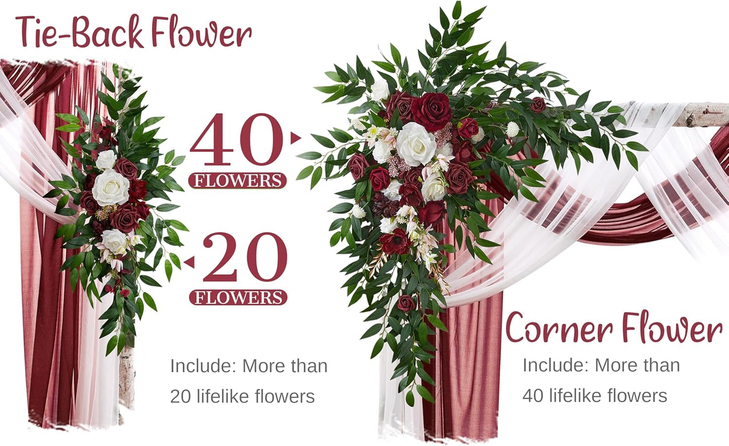 Wedding Arch Flowers with Drapes Kit (Pack of 4) - 2pcs Artificial Christmas Marsala Deluxe Swag with 2pcs Sheer Drapes for Wedding Ceremony Arbor Reception Backdrop Rose Floral Decoration