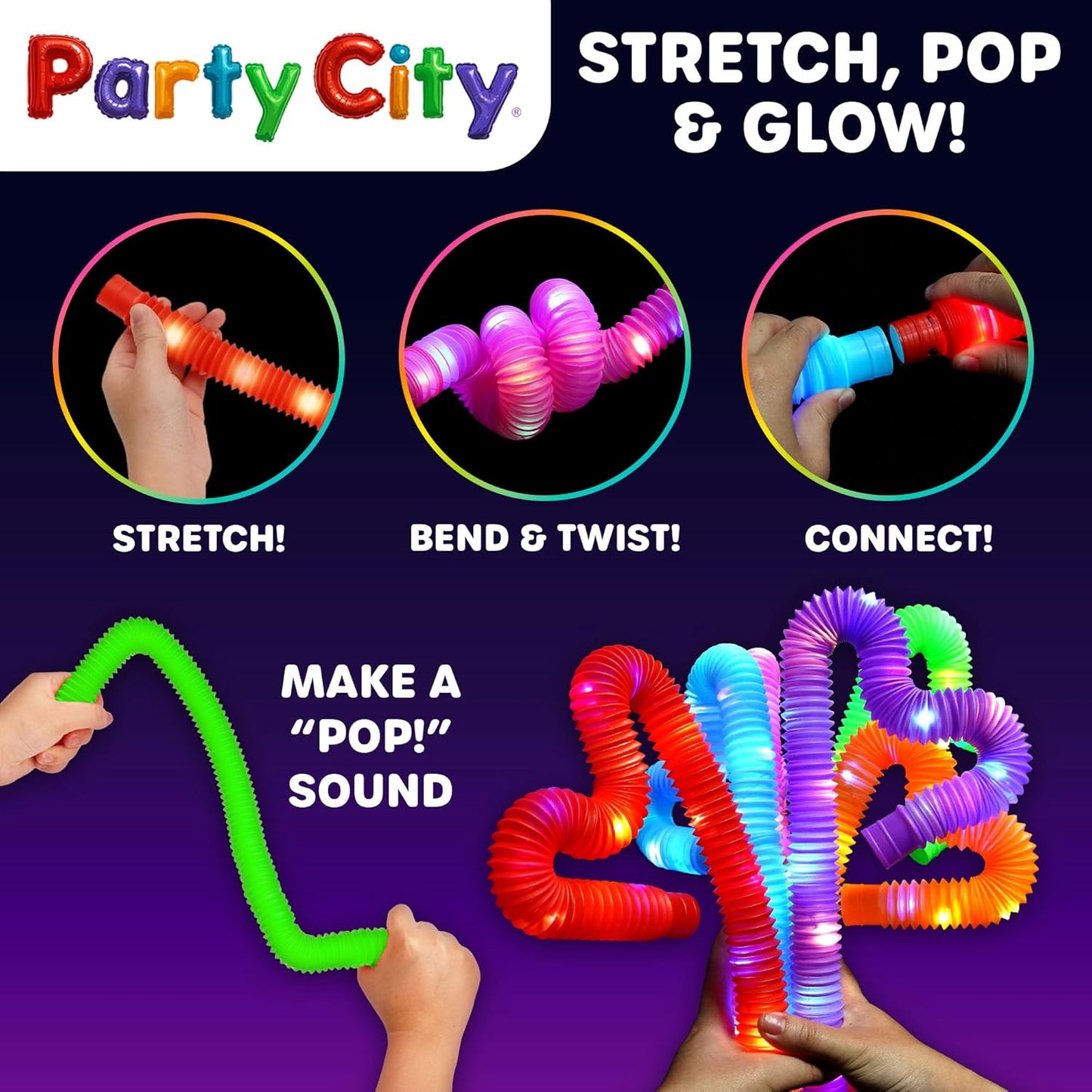 Party City 24pk LED Light Up Pop Tubes 25”- 3 Mode Stretchy Tubes LED Light Up Toys Bulk Glow Sticks Party Favors for Kids Necklaces Bracelets Neon Glow in the Dark Supplies Fidget Sensory Tube Pack