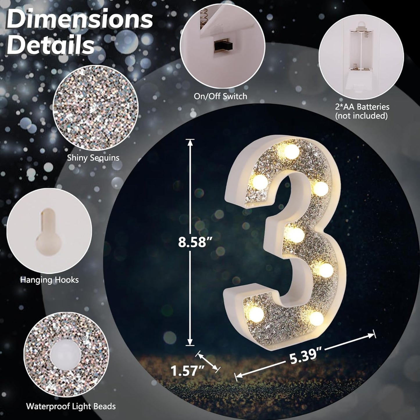 Marquee Light Up Letters, Glitter Silver LED Letter Lights Battery Powered Alphabet Letter Sign for Night Light Wedding Birthday Party Cafe Bar Decoration Girls Room Decor - Number 3