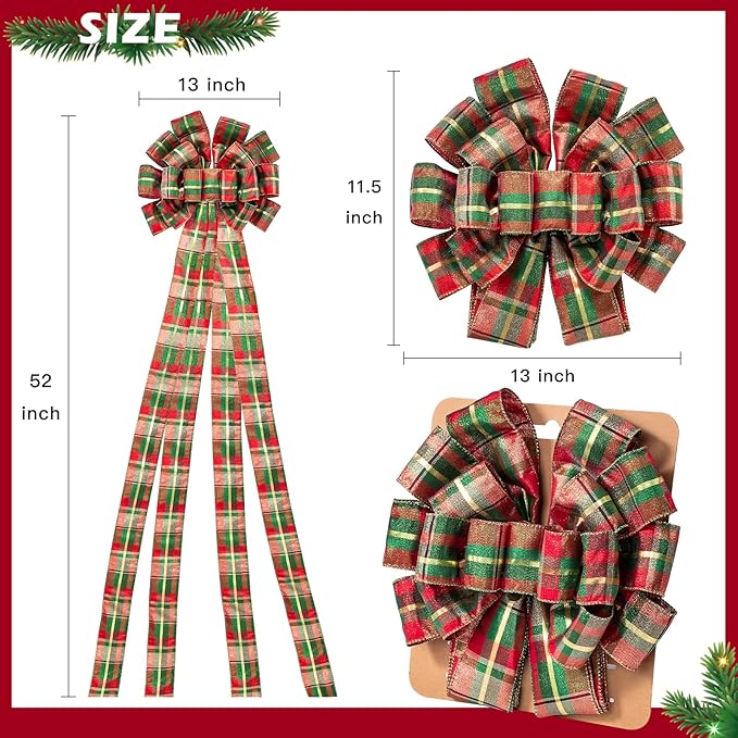 WRAPAHOLIC Large Christmas Tree Topper Bow - 13 x 52 Inch Classic Plaid Glitter Christmas Tree Topper Ribbon Bow Wreath Bows with Wired Edge for Xmas Ornament Indoor Outdoor Decoration