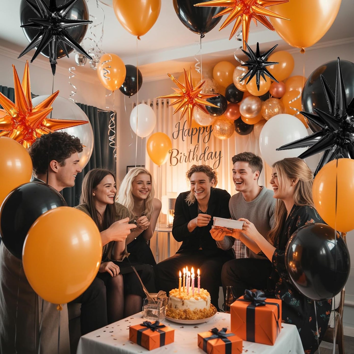 Black Orange Star Balloons,9Pcs 22Inch Black Orange Explosion Spike Cone Helium Polyester Film Star Foil Balloons for Birthday Halloween Graduation Baby Shower Party Decorations